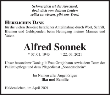 Traueranzeige von Alfred Sonnek  von Magdeburger Volksstimme