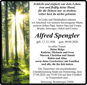 Traueranzeige von Alfred Spengler  von Magdeburger Volksstimme