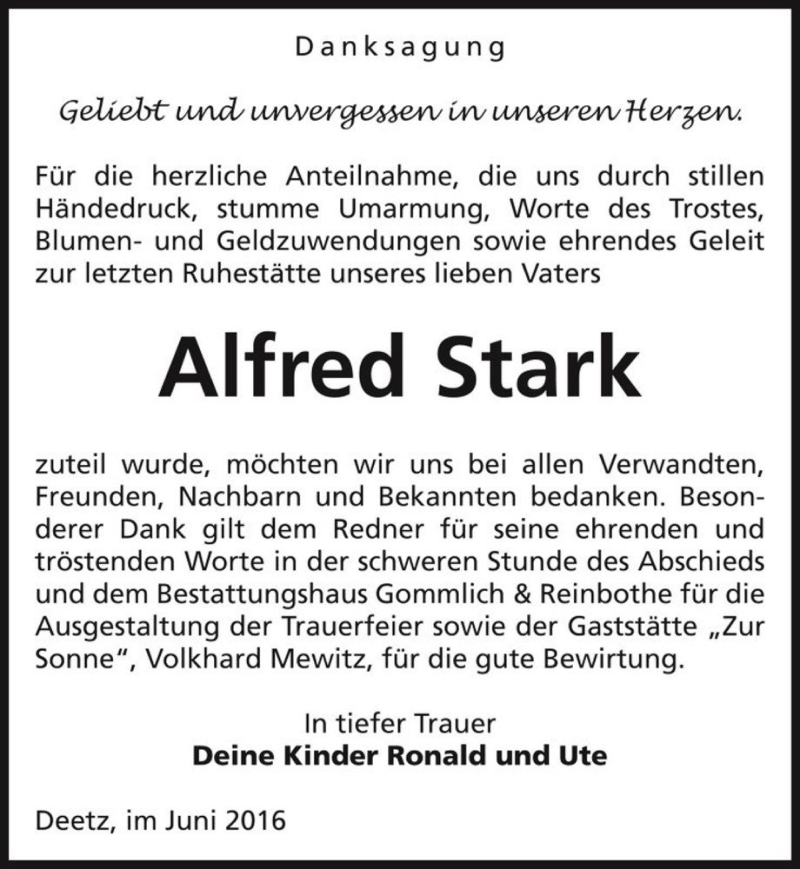  Traueranzeige für Alfred Stark  vom 18.06.2016 aus Magdeburger Volksstimme