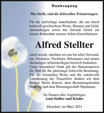 Traueranzeige von Alfred Stellter  von Magdeburger Volksstimme