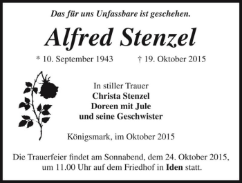 Traueranzeige von Alfred Stenzel  von Magdeburger Volksstimme