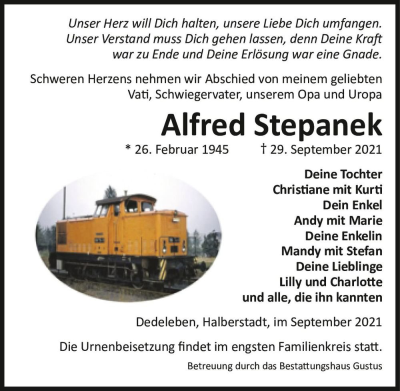  Traueranzeige für Alfred Stepanek  vom 02.10.2021 aus Magdeburger Volksstimme
