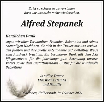 Traueranzeige von Alfred Stepanek  von Magdeburger Volksstimme