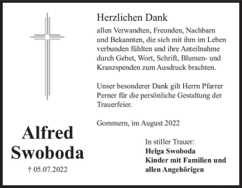 Traueranzeige von Alfred Swoboda  von Magdeburger Volksstimme