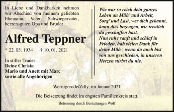 Traueranzeige von Alfred Teppner  von Magdeburger Volksstimme