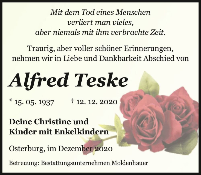  Traueranzeige für Alfred Teske  vom 16.12.2020 aus Magdeburger Volksstimme
