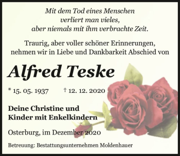 Traueranzeige von Alfred Teske  von Magdeburger Volksstimme