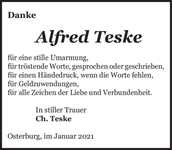 Traueranzeige von Alfred Teske  von Magdeburger Volksstimme