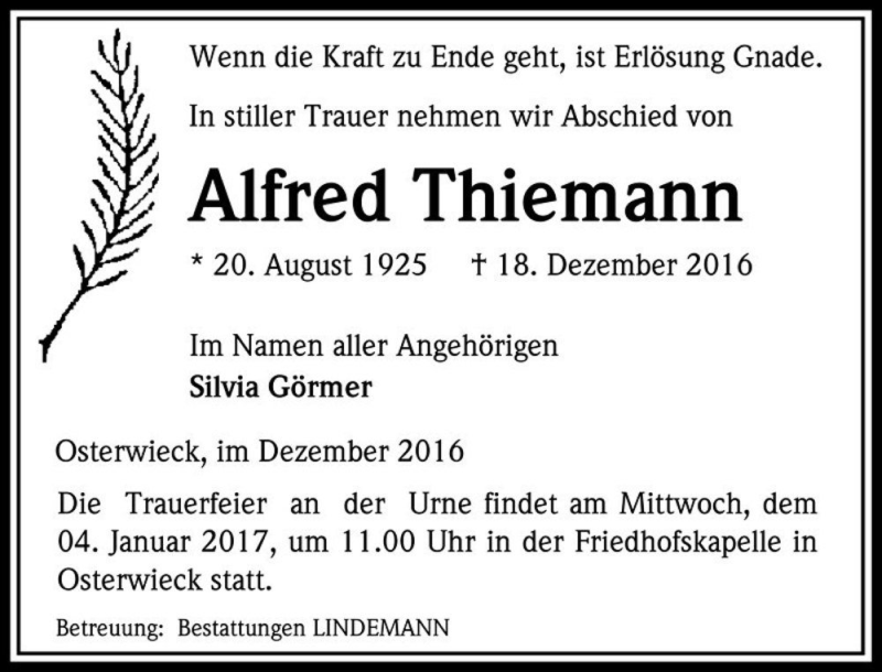  Traueranzeige für Alfred Thiemann  vom 31.12.2016 aus Magdeburger Volksstimme