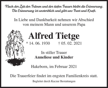 Traueranzeige von Alfred Tietge  von Magdeburger Volksstimme