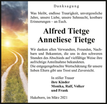 Traueranzeige von Alfred Tietge und Anneliese Tietge  von Magdeburger Volksstimme