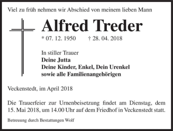 Traueranzeige von Alfred Treder  von Magdeburger Volksstimme