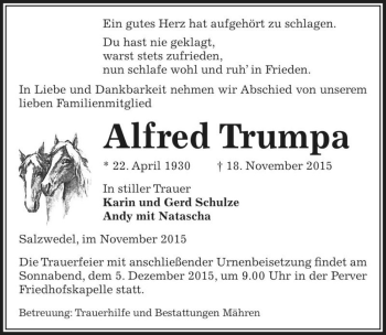 Traueranzeige von Alfred Trumpa  von Magdeburger Volksstimme