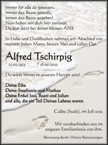Traueranzeige von Alfred Tschirpig  von Magdeburger Volksstimme
