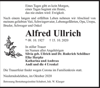 Traueranzeige von Alfred Ullrich  von Magdeburger Volksstimme