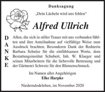 Traueranzeige von Alfred Ullrich  von Magdeburger Volksstimme
