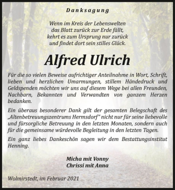 Traueranzeige von Alfred Ulrich  von Magdeburger Volksstimme