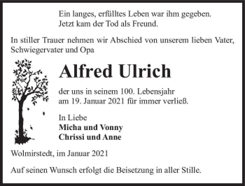 Traueranzeige von Alfred Ulrich  von Magdeburger Volksstimme
