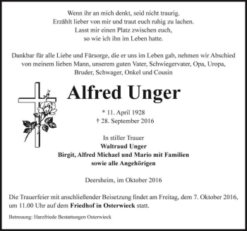 Traueranzeige von Alfred Unger  von Magdeburger Volksstimme