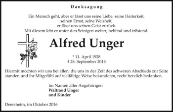 Traueranzeige von Alfred Unger  von Magdeburger Volksstimme