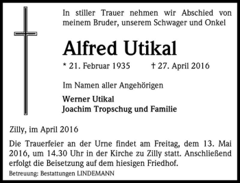Traueranzeige von Alfred Utikal  von Magdeburger Volksstimme