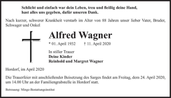 Traueranzeige von Alfred Wagner  von Magdeburger Volksstimme