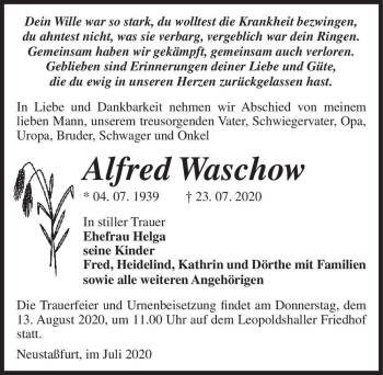Traueranzeige von Alfred Waschow  von Magdeburger Volksstimme