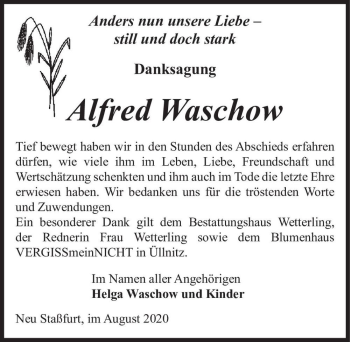 Traueranzeige von Alfred Waschow  von Magdeburger Volksstimme