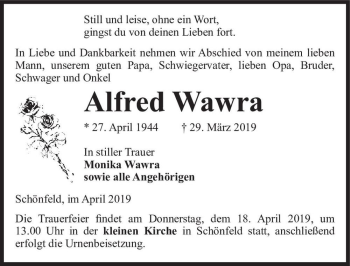 Traueranzeige von Alfred Wawra  von Magdeburger Volksstimme