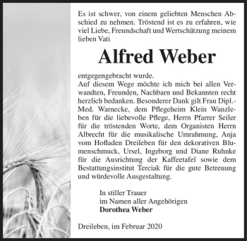 Traueranzeige von Alfred Weber  von Magdeburger Volksstimme