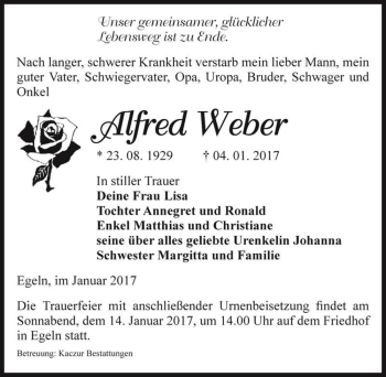 Traueranzeige von Alfred Weber  von Magdeburger Volksstimme