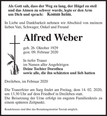 Traueranzeige von Alfred Weber  von Magdeburger Volksstimme