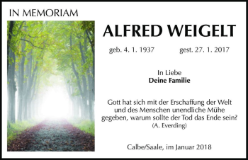 Traueranzeige von Alfred Weigelt  von Magdeburger Volksstimme
