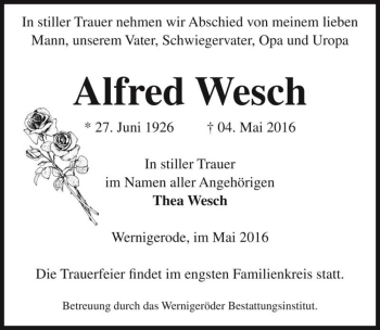 Traueranzeige von Alfred Wesch  von Magdeburger Volksstimme