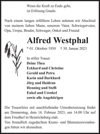 Traueranzeige von Alfred Westphal  von Magdeburger Volksstimme