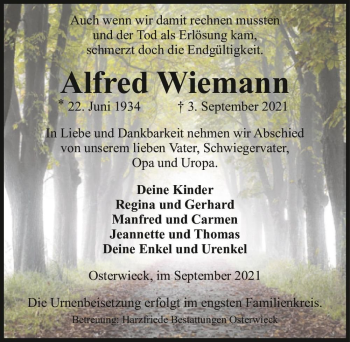 Traueranzeige von Alfred Wiemann  von Magdeburger Volksstimme