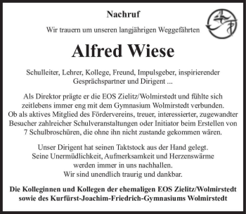Traueranzeige von Alfred Wiese  von Magdeburger Volksstimme
