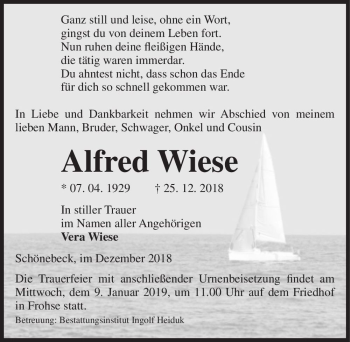 Traueranzeige von Alfred Wiese  von Magdeburger Volksstimme