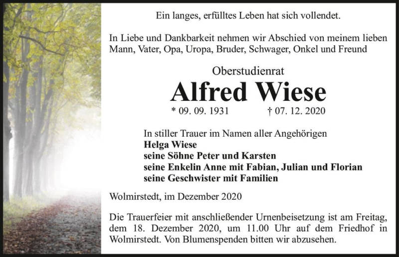  Traueranzeige für Alfred Wiese  vom 12.12.2020 aus Magdeburger Volksstimme