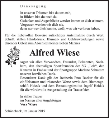 Traueranzeige von Alfred Wiese  von Magdeburger Volksstimme