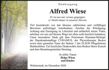 Traueranzeige von Alfred Wiese  von Magdeburger Volksstimme