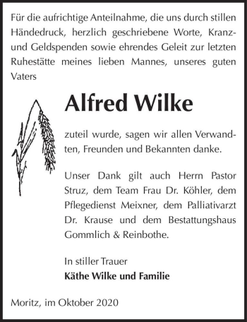 Traueranzeige von Alfred Wilke  von Magdeburger Volksstimme