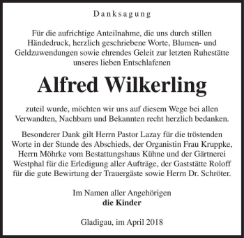 Traueranzeige von Alfred Wilkerling  von Magdeburger Volksstimme