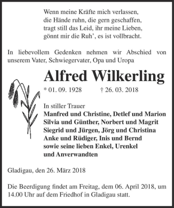 Traueranzeige von Alfred Wilkerling  von Magdeburger Volksstimme