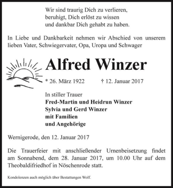 Traueranzeige von Alfred Winzer  von Magdeburger Volksstimme