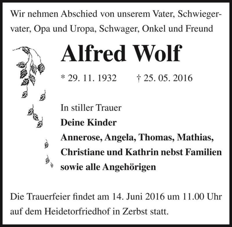  Traueranzeige für Alfred Wolf  vom 28.05.2016 aus Magdeburger Volksstimme