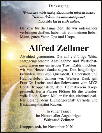 Traueranzeige von Alfred Zellmer  von Magdeburger Volksstimme