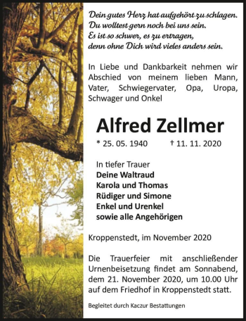 Traueranzeige von Alfred Zellmer  von Magdeburger Volksstimme