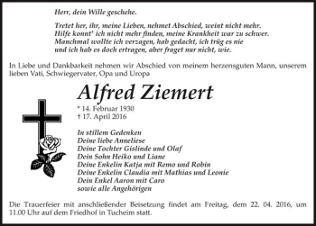 Traueranzeige von Alfred Ziemert  von Magdeburger Volksstimme