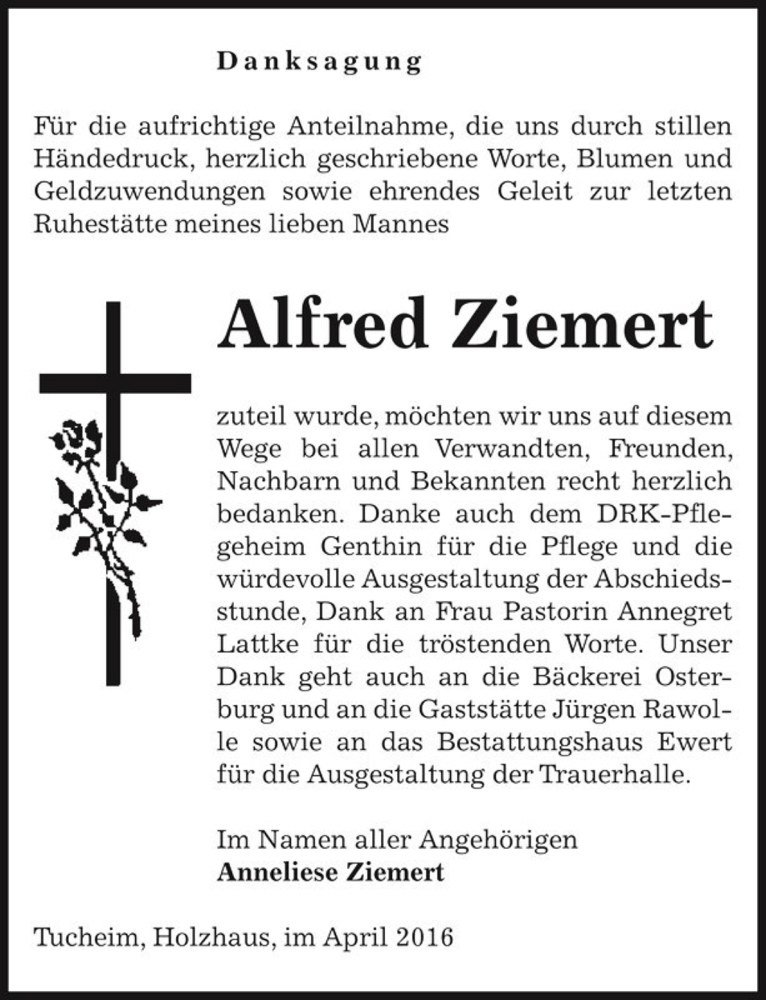  Traueranzeige für Alfred Ziemert  vom 07.05.2016 aus Magdeburger Volksstimme